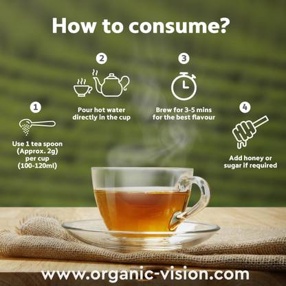 Darjeeling tea in a vibrant green packaging with brewing instructions and tea information