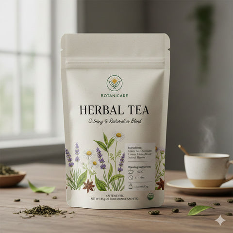 Loose herbal tea blend in eco-friendly packaging for a refreshing drink.