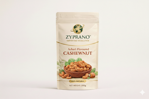 Achari flavoured cashew nuts offering tangy, spicy taste.
