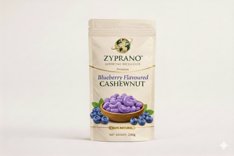 Blueberry flavoured cashew nuts in packaging for a unique taste