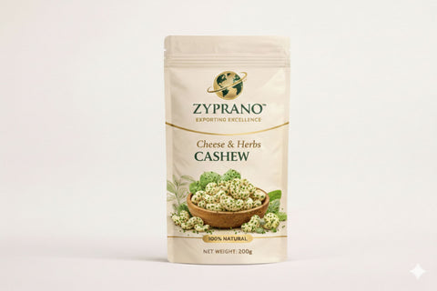 Cheese and herbs flavoured cashew nuts with unique flavoring.