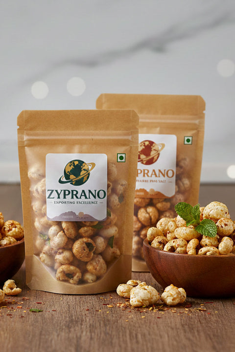 Mobile banner displaying roasted makhana snack pouches and bowls