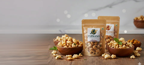 Assortment of roasted makhana snacks in bowls and pouches on a wooden table