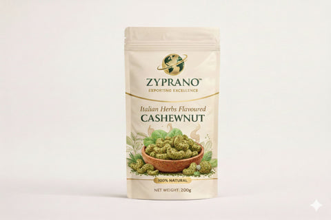 Italian herbs flavoured cashew nuts in stylish packaging.