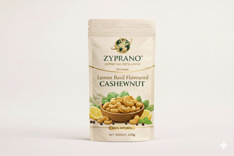Lemon basil flavoured cashew nuts in attractive packaging.