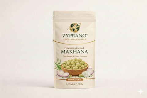 Sour cream and onion flavoured makhana in a tasty packaging.