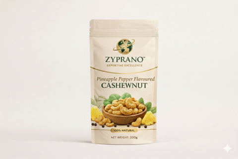 Pineapple pepper flavoured cashew nuts in packaging for a zesty snack.